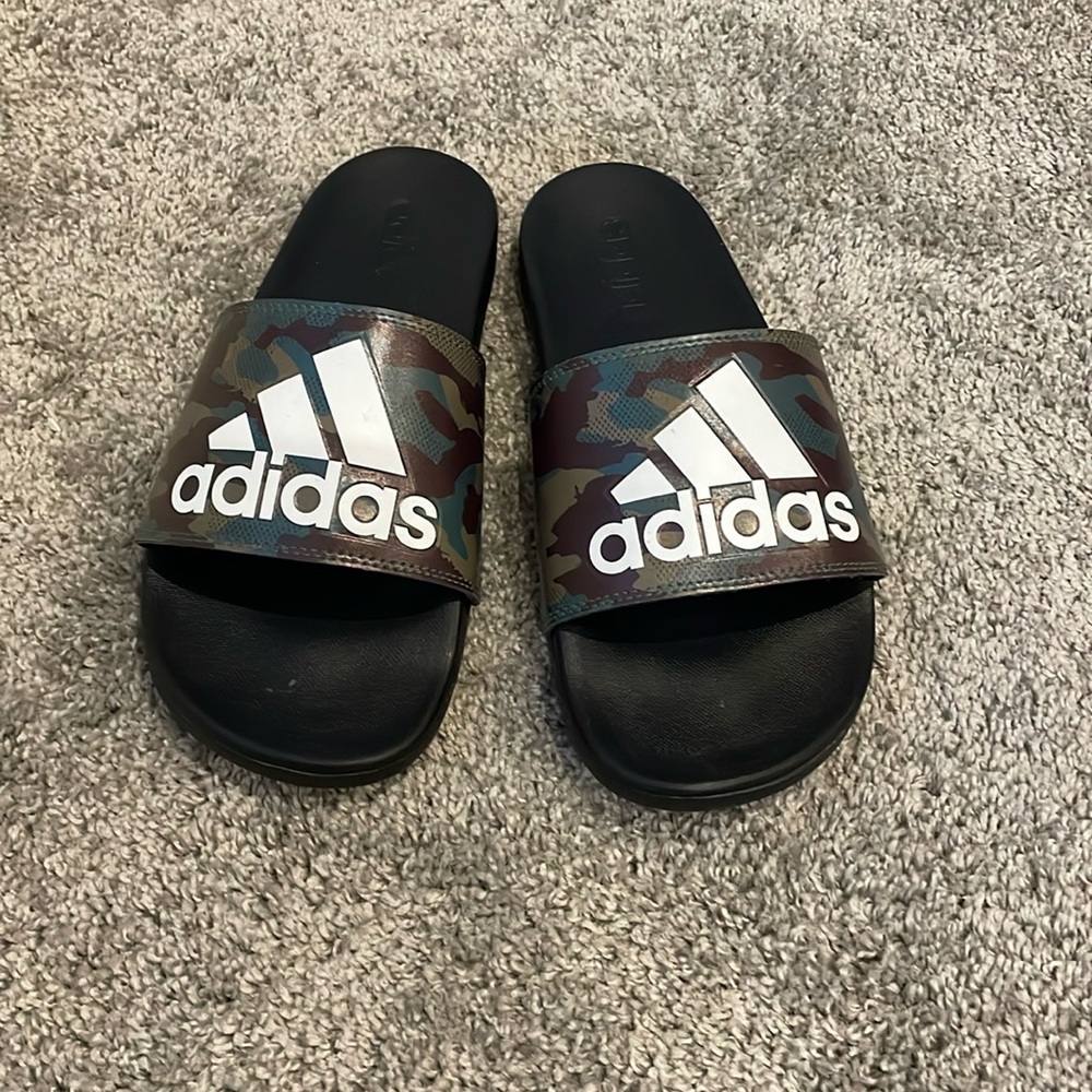 Adidas Green and Black Slide Sandals with Camo Design
